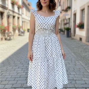 And Now This, White w/ Black Polka Dots Maxi Dress Ruffle Straps, Size Small NWT